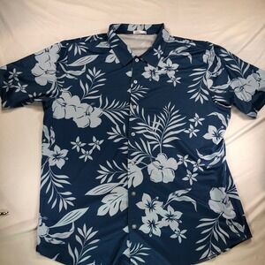 Fashion Men Blue White Tropical Hibiscus Floral Short Sleeve Button Down Shirt L